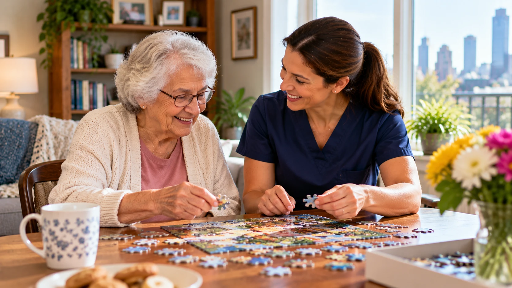 Companion caregiver doing a jigsaw puzzle with a smiling senior woman at home in Philadelphia