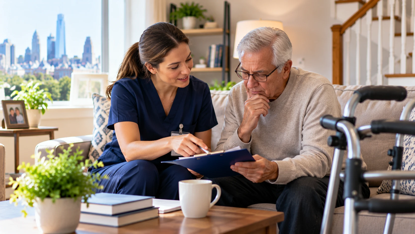Caregiver reviewing hospital discharge paperwork with a senior man at home in Philadelphia