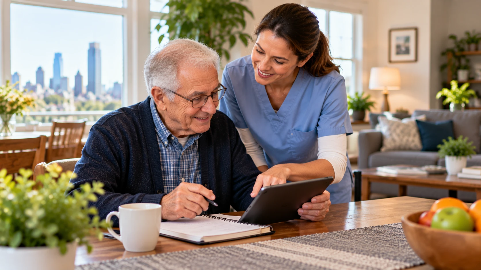 Caregiver helping a senior man plan his weekly home care schedule on a tablet in his Philadelphia home