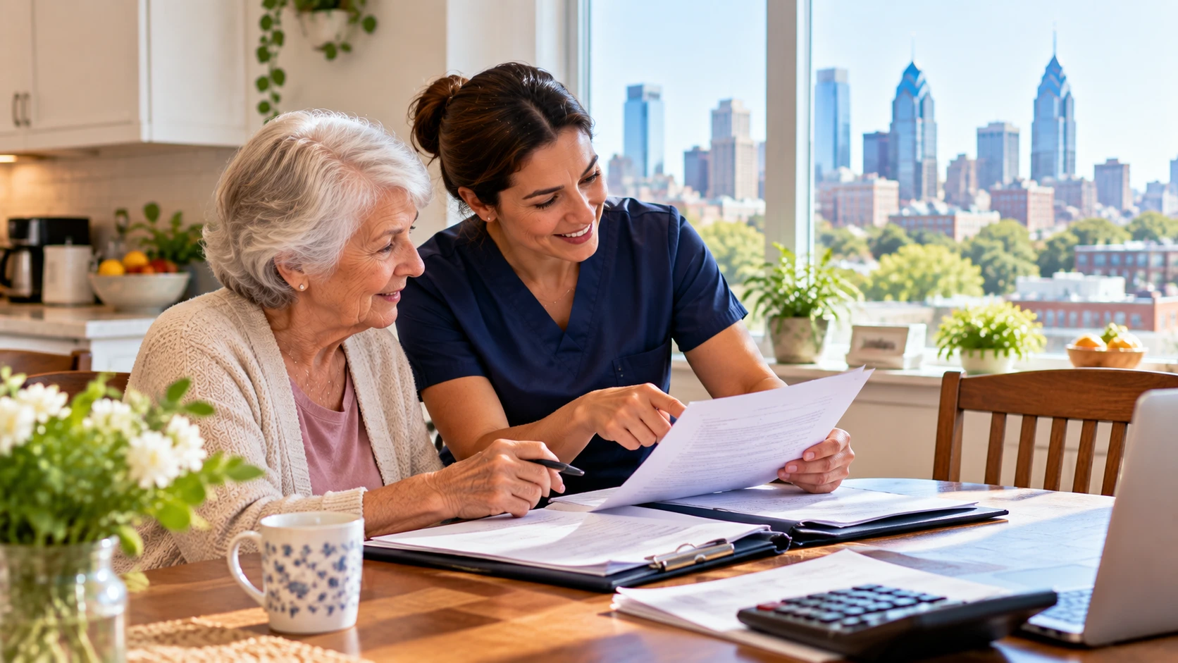 Caregiver helping a senior woman review home care costs and paperwork at her Philadelphia kitchen table