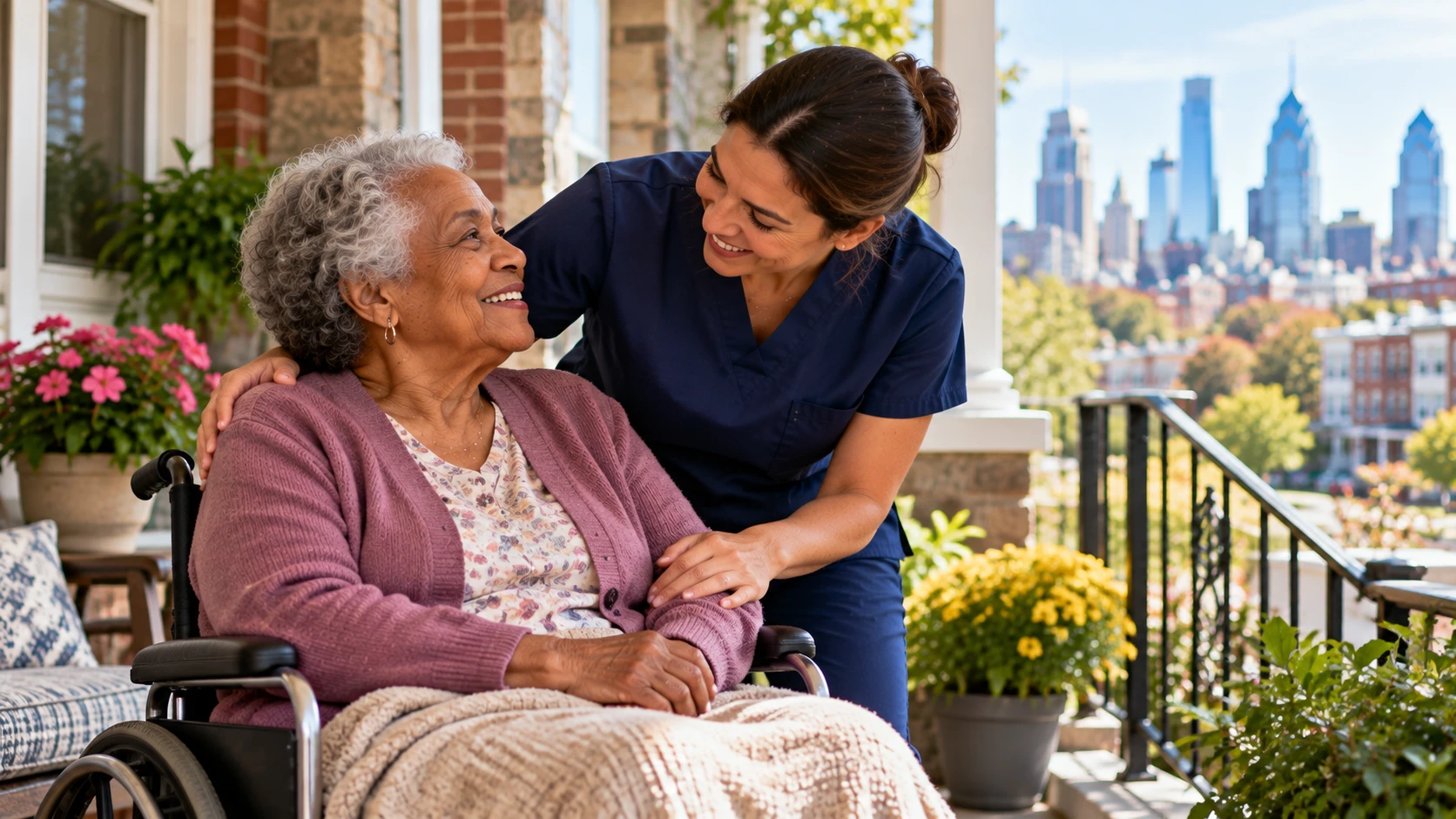 Respite caregiver smiling with a senior woman in a wheelchair on a Philadelphia porch