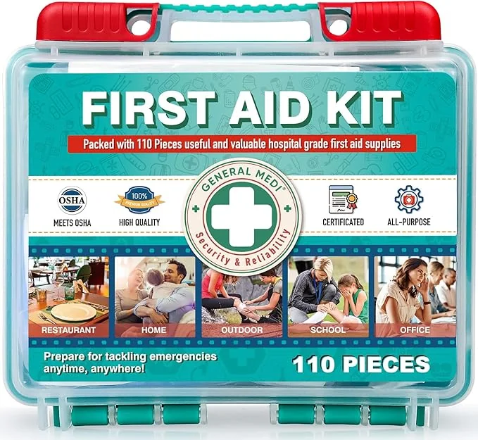 110 Pieces Small First Aid Kit – HardCase First Aid Box – Contains Premium Medical Supplies for Travel, Home, Office, Vehicle, Camping, Workplace & Outdoor