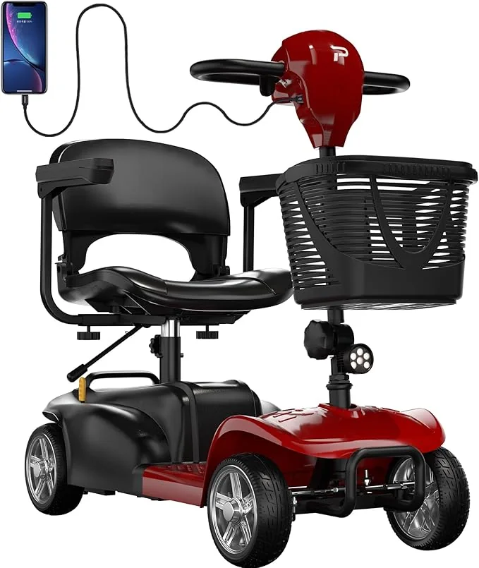 4 Wheels Mobility Scooter for Adults, 15 Miles Long Travel Range Foldable Lightweight Mobility Scooter, 350 lbs Capacity, Motorized Scooter for Seniors with LED Headlight and Detachable Basket (Red)