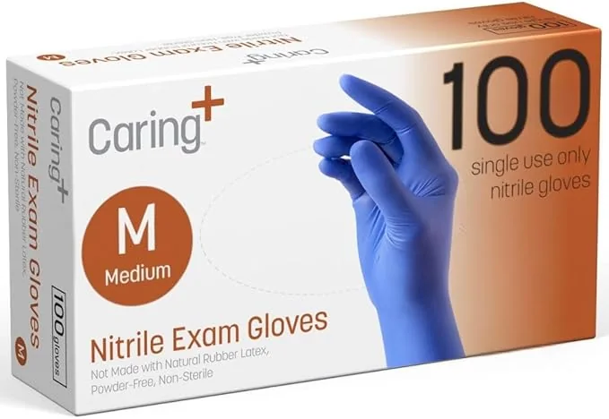 Caring Powder-Free Nitrile Exam Gloves – 100 ct | Latex-Free, Ambidextrous, Durable Protection for Medical, Food Prep, Cleaning & More
