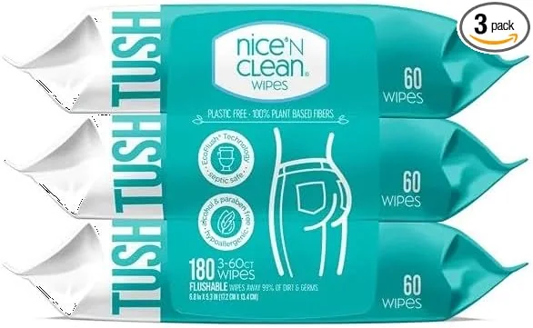 Nice ’N Clean Adult Flushable Wipes (3 × 60 ct) — 100% Plant-Based • Aloe & Vitamin E • Hypoallergenic & Sewer-Safe