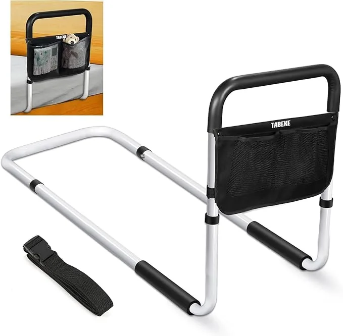 TABEKE Adjustable Bed Rail for Elderly Adults – Safety Assist Rail with Non-Slip Handle & Dual Storage Pockets, Fits King to Twin Beds